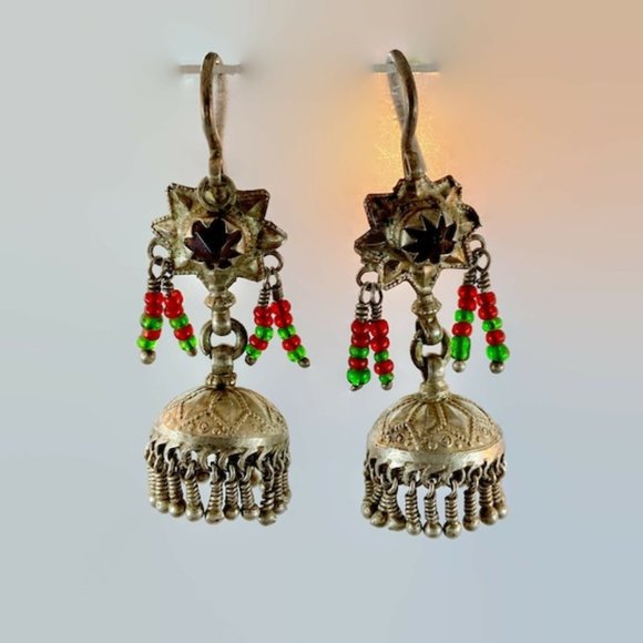 Jhumka Earrings, Old Silver, Kashmir Earrings, Vintage, Green, Red, Bell - Picture 3 of 7